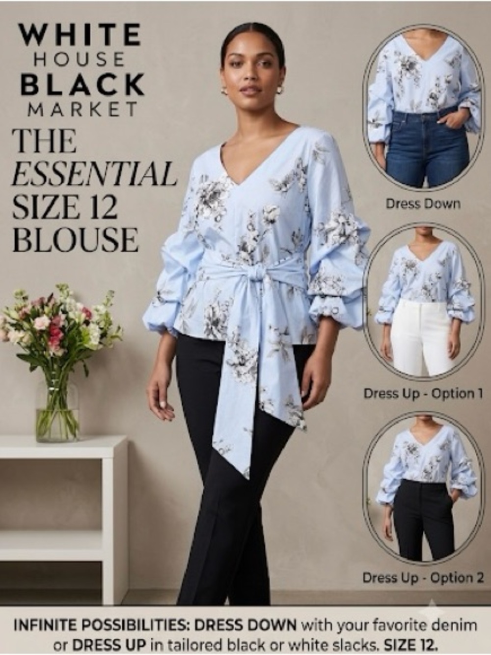 White House Black Market Light Blue Floral Tie-Waist Blouse